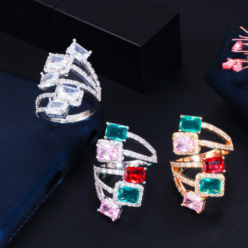 Pink Blue Square Cut CZ Stone Silver Color Big Adjustable Cocktail Party Statement Finger Rings