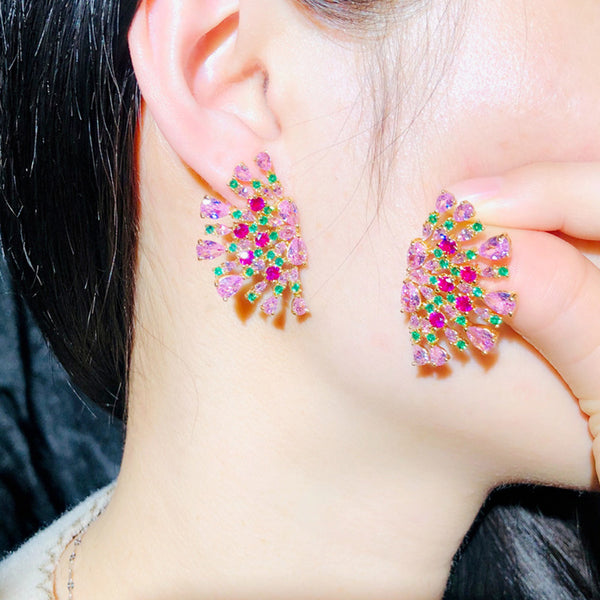 Cute Pink Red CZ Zircon Exquisite Sector Shape Gold Color Big Stud Earrings