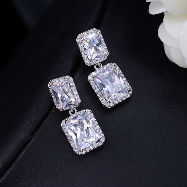 Classic Big Square Shape Cubic Zirconia Sparkling Silver Color Long Dangle Drop Earrings