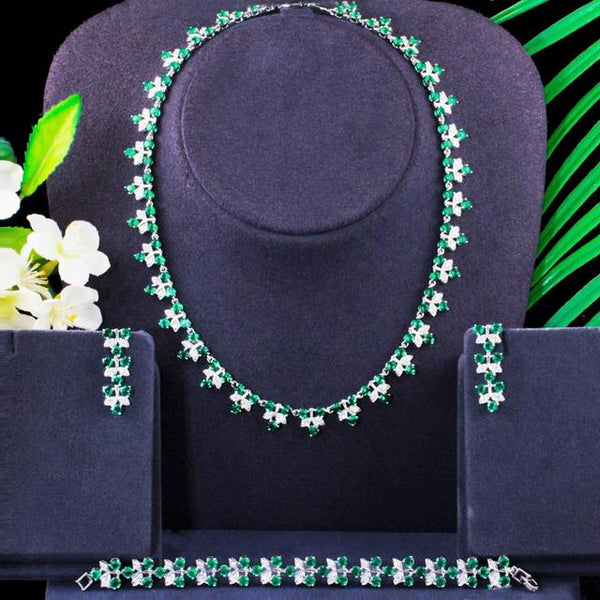 Conjunto de joyería con gargantilla, collar, pendientes y pulsera con forma de hoja de circonita cúbica verde