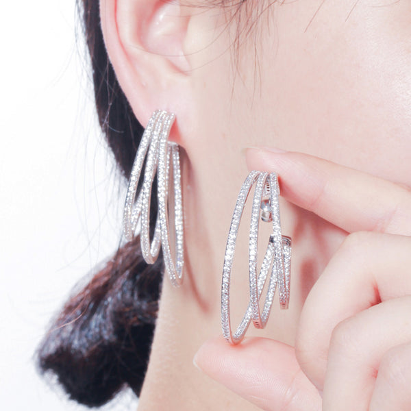 Brilliant Yellow Gold Big 3 Circle Round Women Hoop Earrings