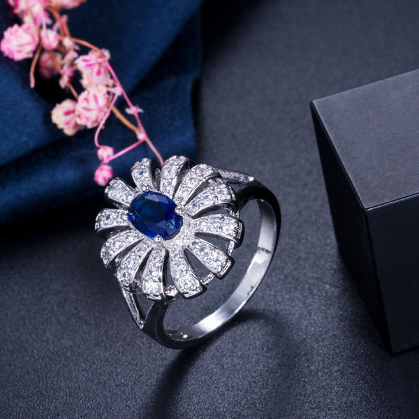 Classic Big Flower Oval Shape Cubic Zirconia Silver Color Finger Rings