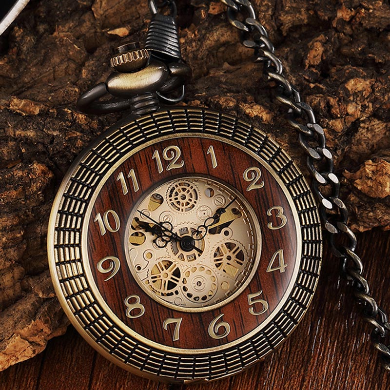 FOB Chain Locket Dial Hollow Steampunk Solid Wood Mechanical Pocket Watch
