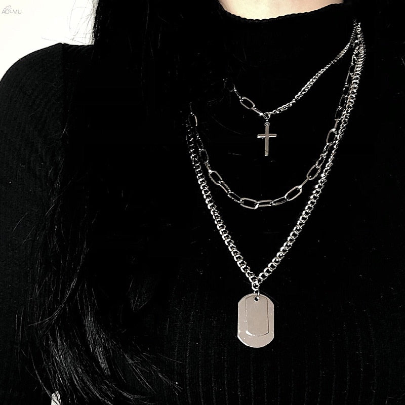 Personality Hip Hop Metal Cross Pendant Silver Color Chain Necklace