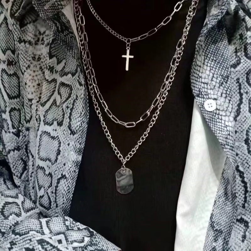 Personality Hip Hop Metal Cross Pendant Silver Color Chain Necklace