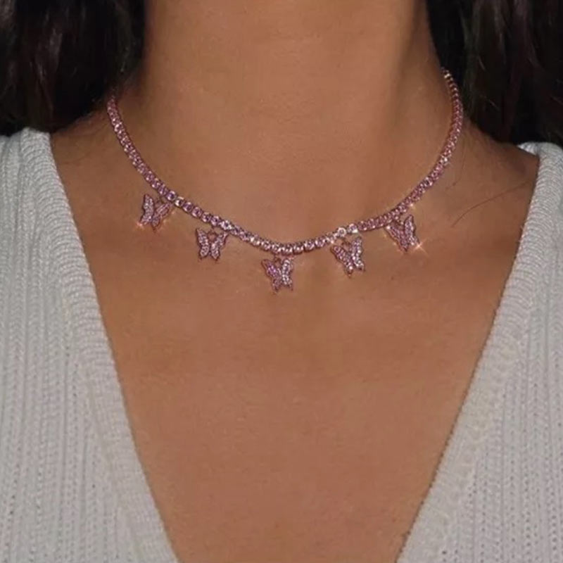 Shining Crystal Tennis Butterfly Choker Necklaces