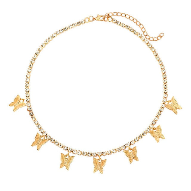 Shining Crystal Tennis Butterfly Choker Necklaces