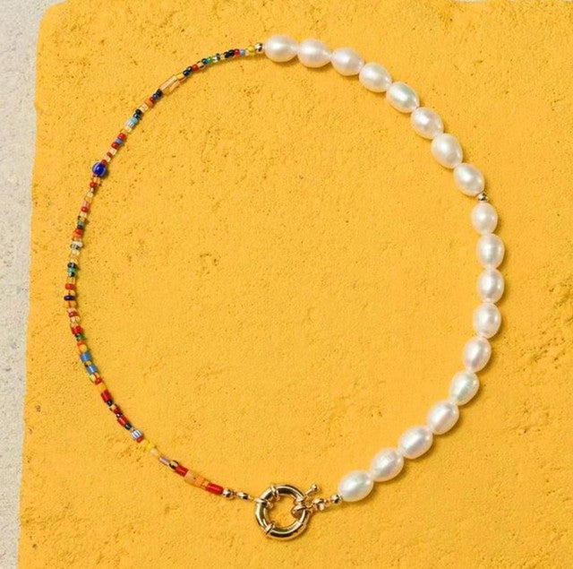 Bohemian Multi-Color Glass Beads Freshwater Pearl Necklace and Bracelet Set