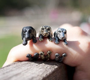 Black Realistic Puppy Animal 3D Adjustable Rings
