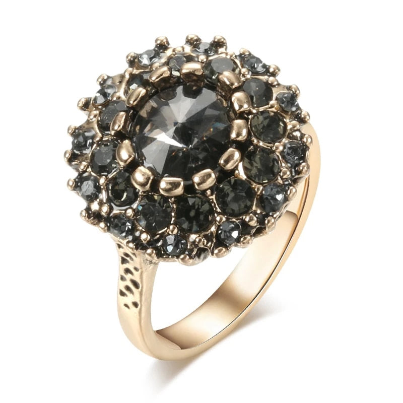 Antique Gold Boho Gray Crystal Wedding Rings