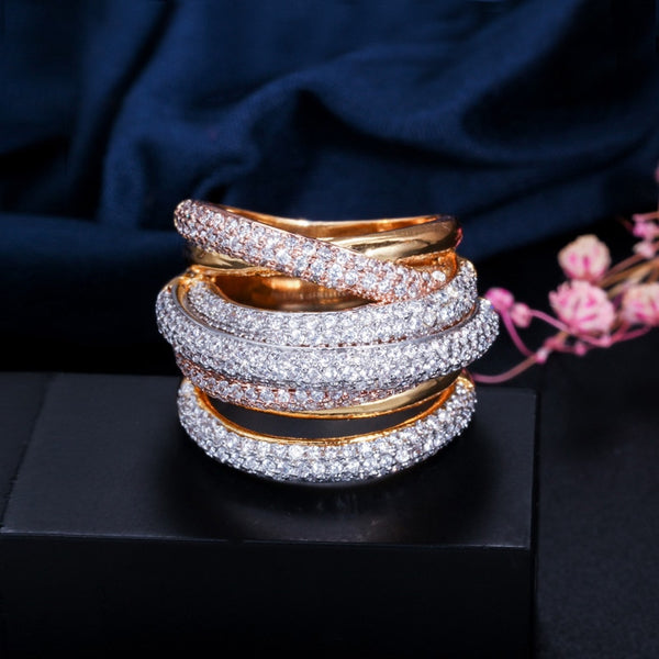 Luxury Designer 3 Tones Gold Geometry Cubic Zironium Big Wedding Finger Ring
