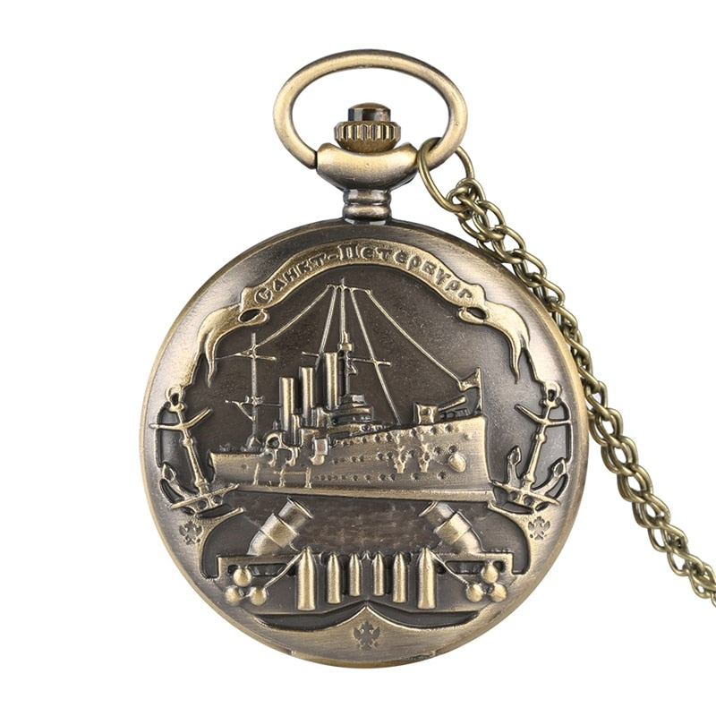 3D Warship Pattern Necklace Pendant Souvenir Gifts Quartz Pocket Watch