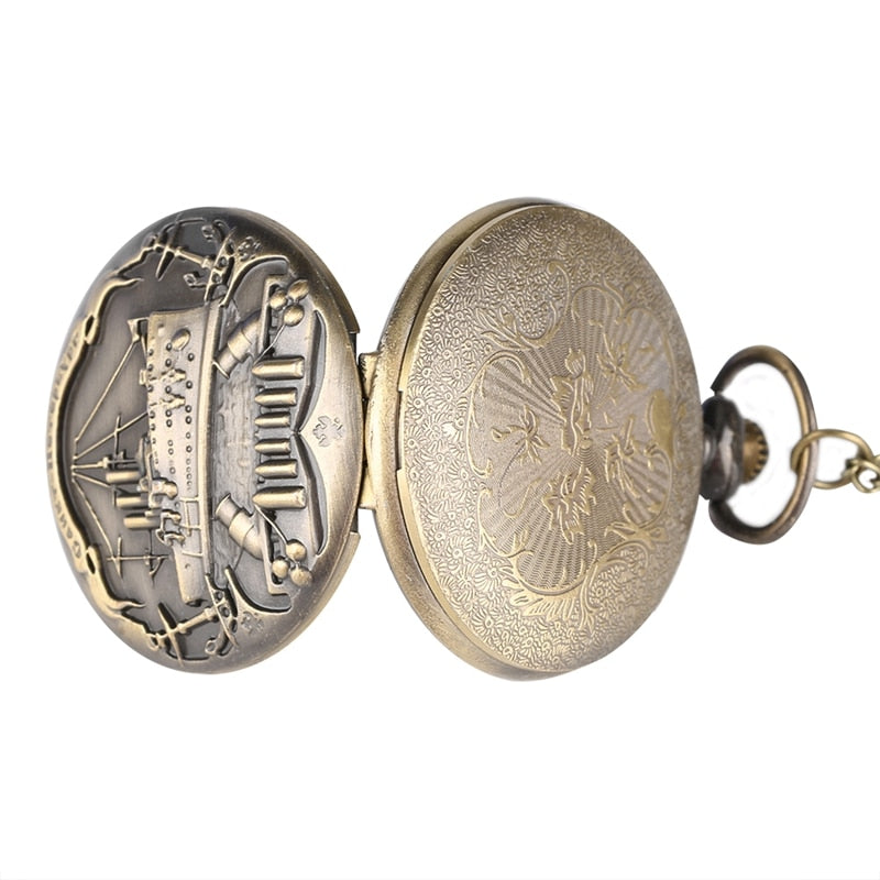 3D Warship Pattern Necklace Pendant Souvenir Gifts Quartz Pocket Watch
