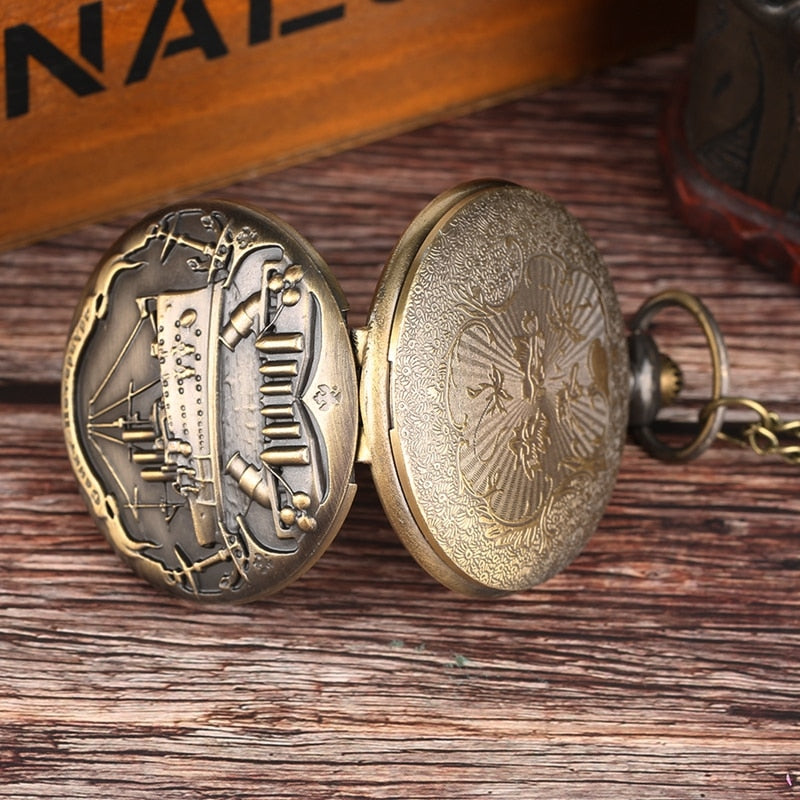 3D Warship Pattern Necklace Pendant Souvenir Gifts Quartz Pocket Watch