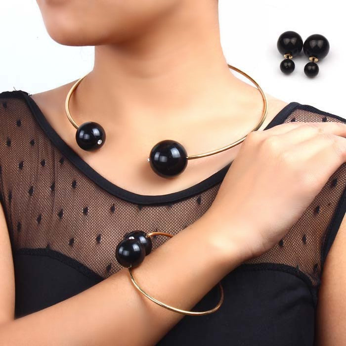 Huge Imitation Pearl Rhinestone Necklace Bangle Earrings Rings Jewelry Sets