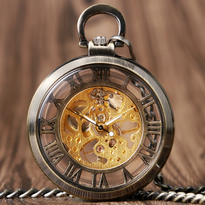 Transparent Open Face Hollow Skeleton Mechanical Pocket Watch