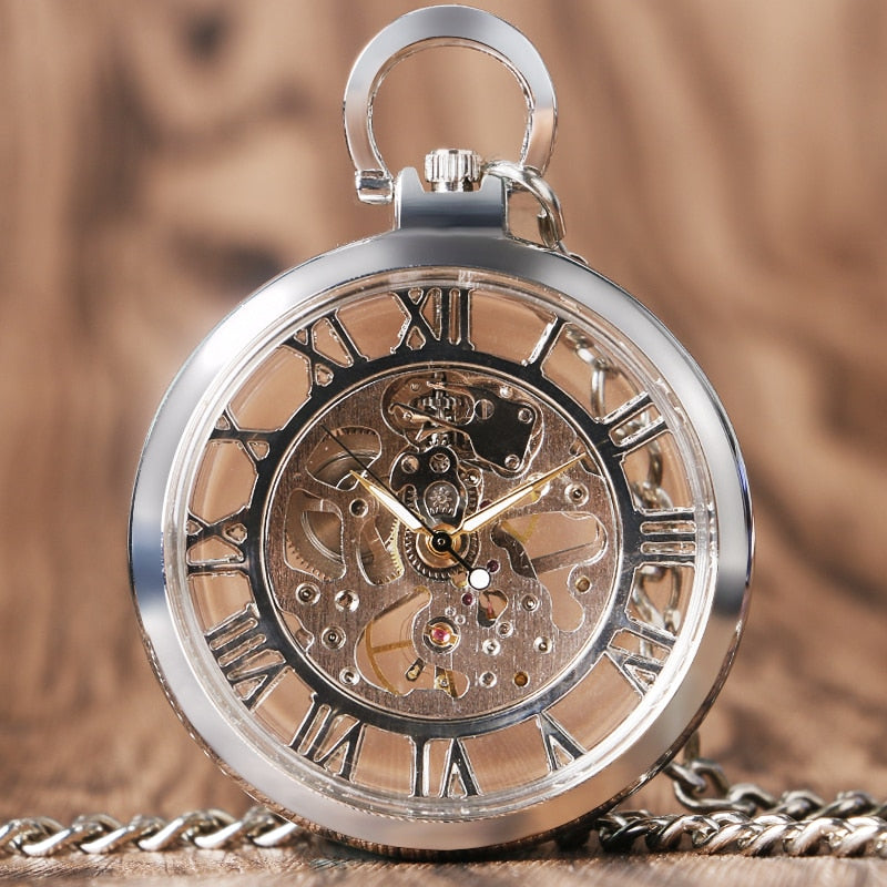 Transparent Open Face Hollow Skeleton Mechanical Pocket Watch