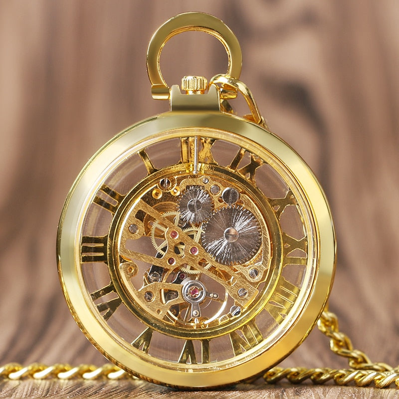 Transparent Open Face Hollow Skeleton Mechanical Pocket Watch