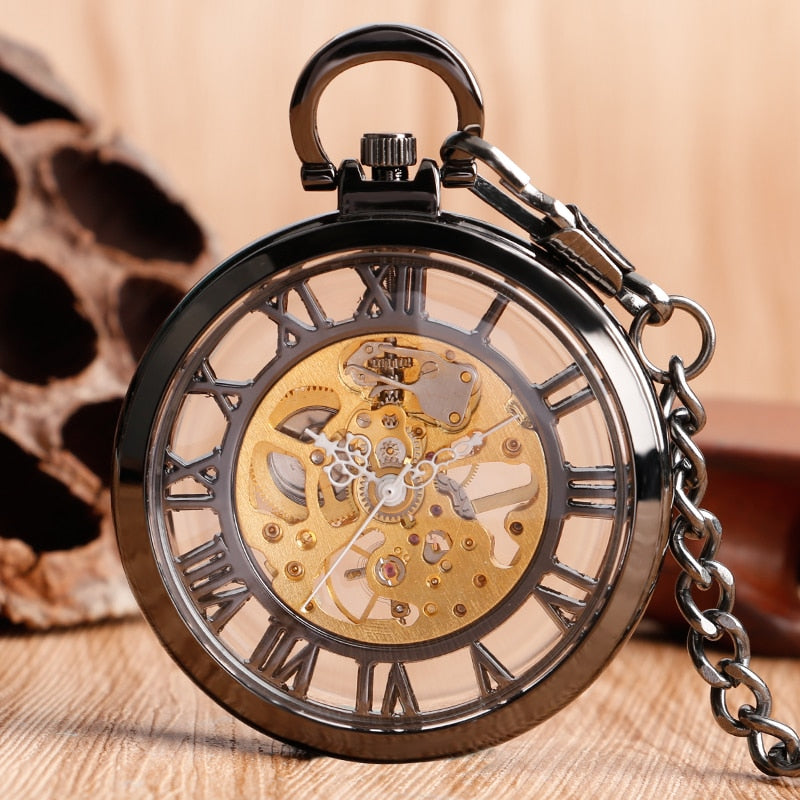 Transparent Open Face Hollow Skeleton Mechanical Pocket Watch