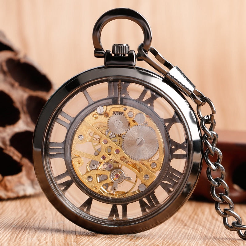 Transparent Open Face Hollow Skeleton Mechanical Pocket Watch