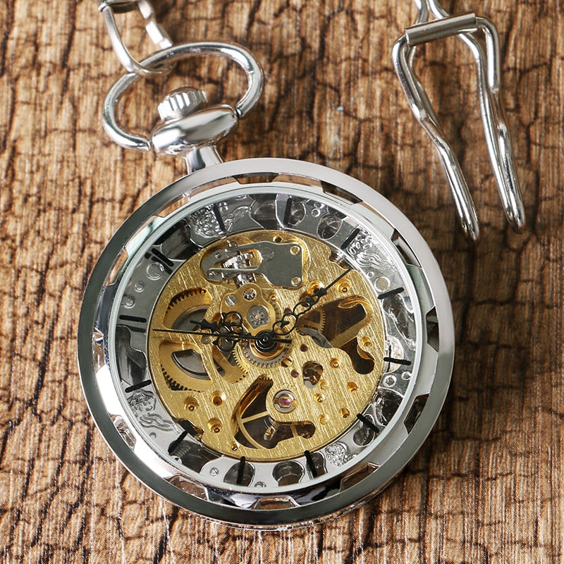 Transparent Open Face Hollow Skeleton Mechanical Pocket Watch
