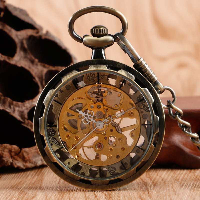 Transparent Open Face Hollow Skeleton Mechanical Pocket Watch