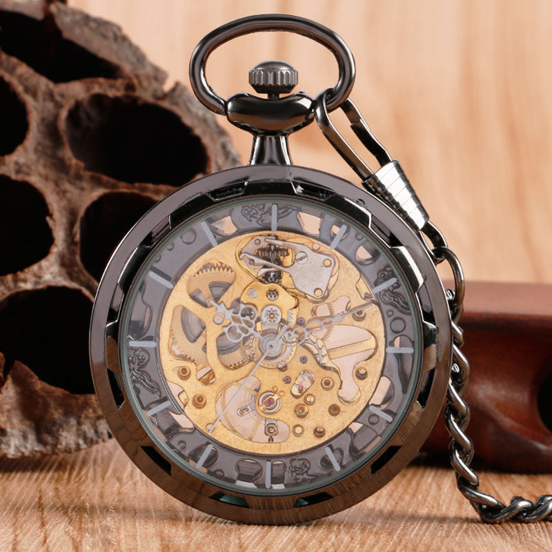 Transparent Open Face Hollow Skeleton Mechanical Pocket Watch