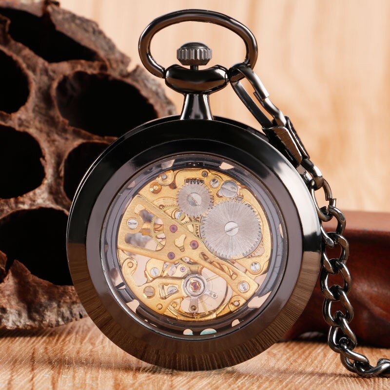 Transparent Open Face Hollow Skeleton Mechanical Pocket Watch