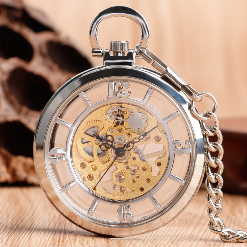 Transparent Open Face Hollow Skeleton Mechanical Pocket Watch