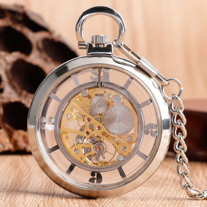 Transparent Open Face Hollow Skeleton Mechanical Pocket Watch