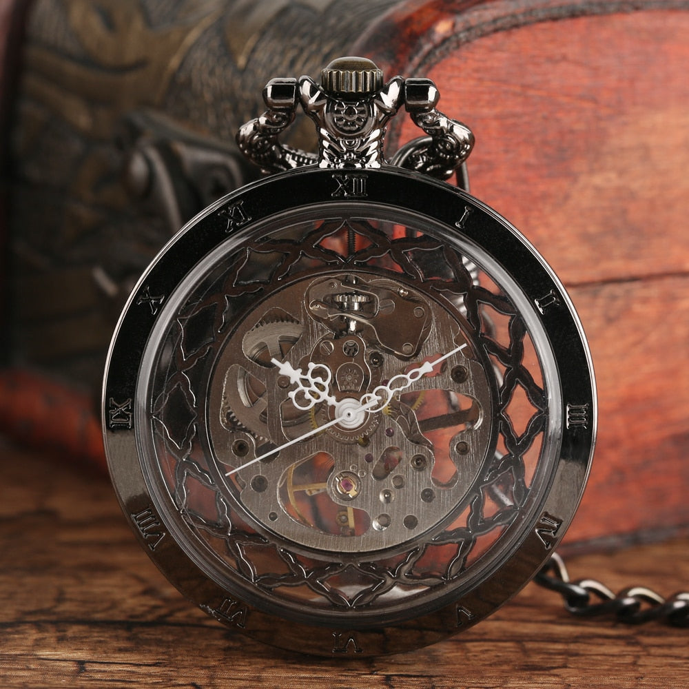 Transparent Open Face Hollow Skeleton Mechanical Pocket Watch