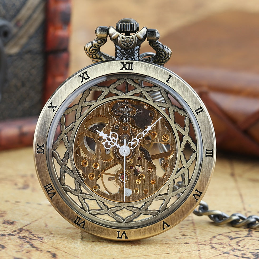 Transparent Open Face Hollow Skeleton Mechanical Pocket Watch