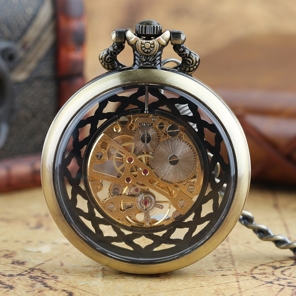 Transparent Open Face Hollow Skeleton Mechanical Pocket Watch
