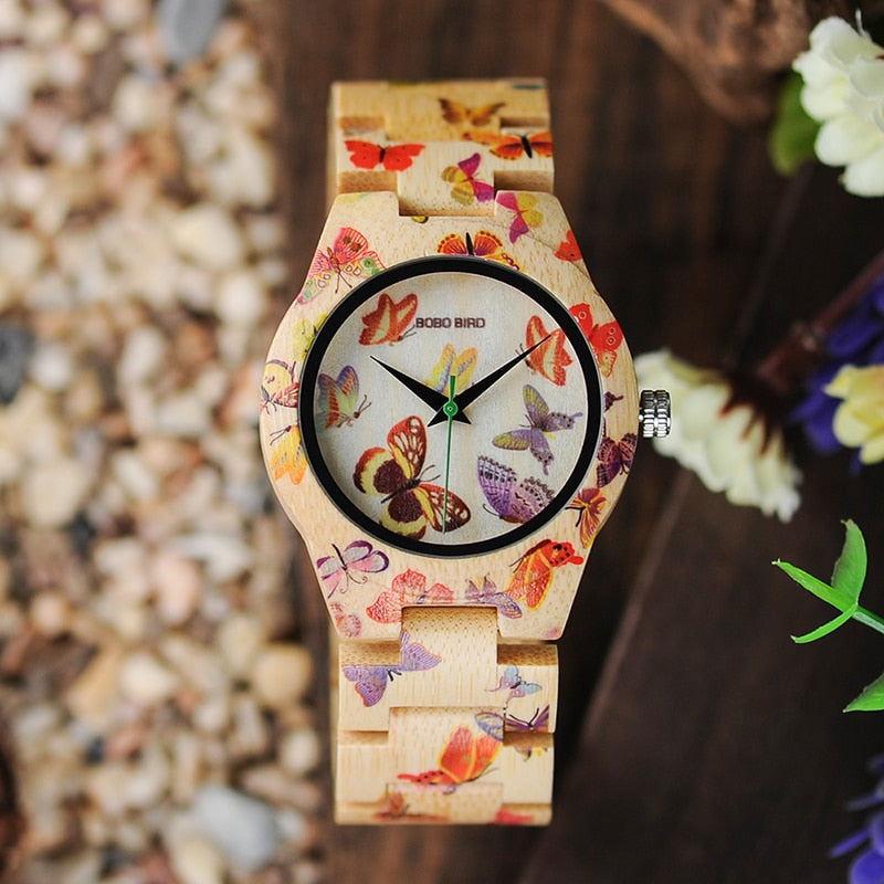 Butterfly Print Women Watches All Bamboo Made Quartz Wristwatch