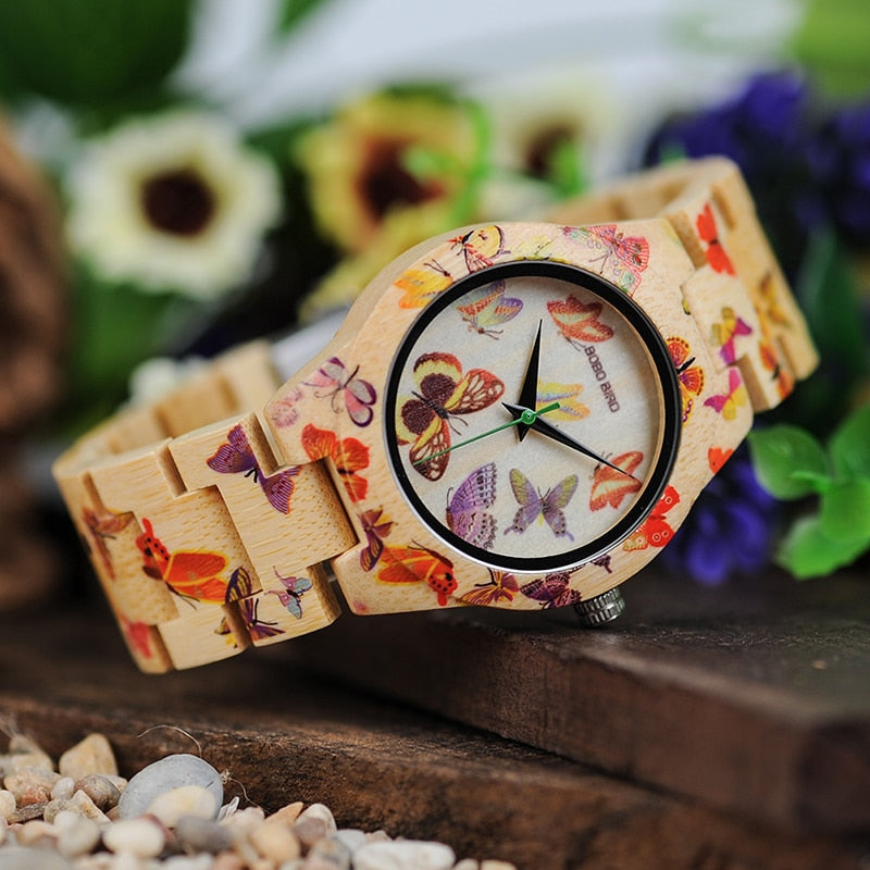 Butterfly Print Women Watches All Bamboo Made Quartz Wristwatch