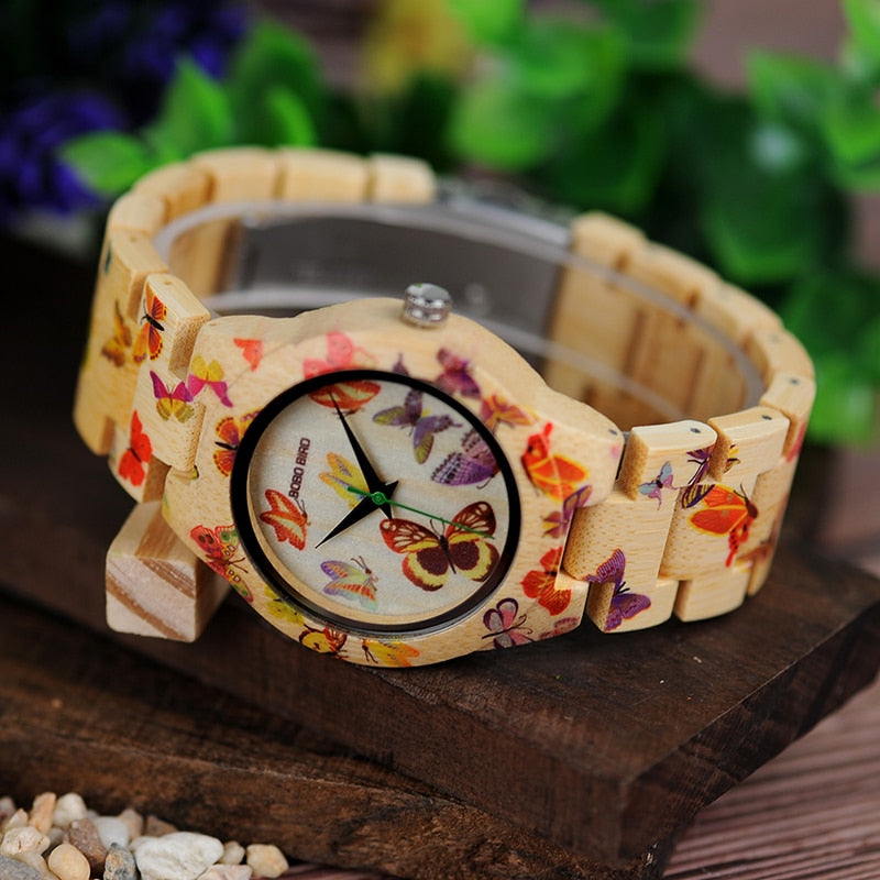 Butterfly Print Women Watches All Bamboo Made Quartz Wristwatch