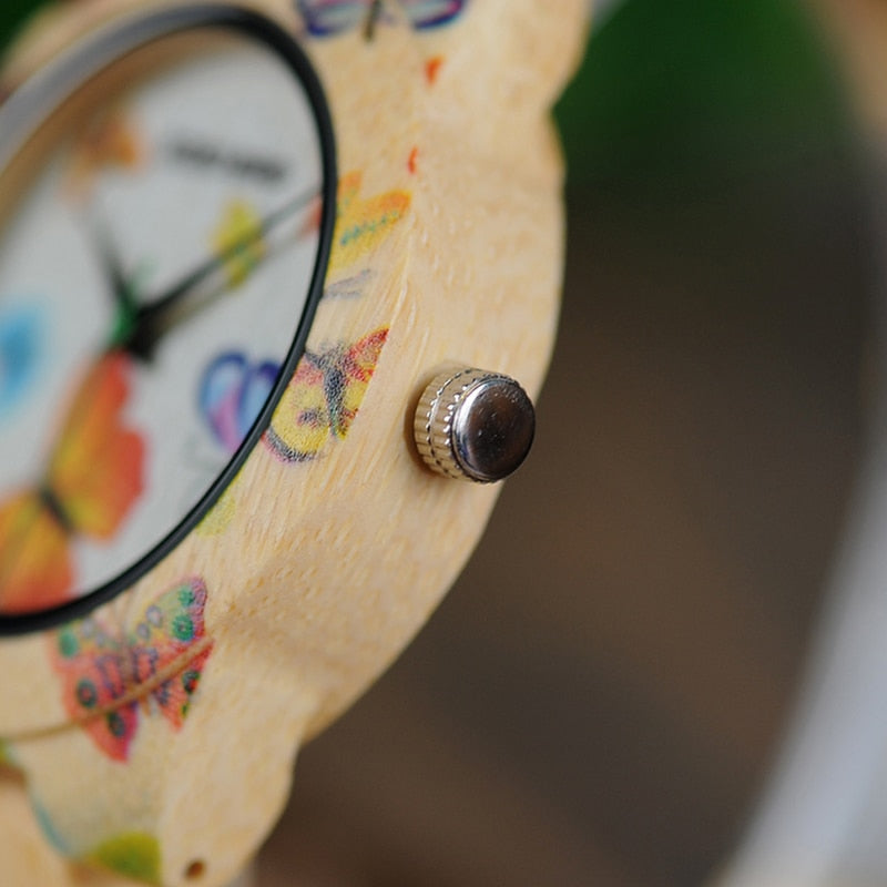 Butterfly Print Women Watches All Bamboo Made Quartz Wristwatch