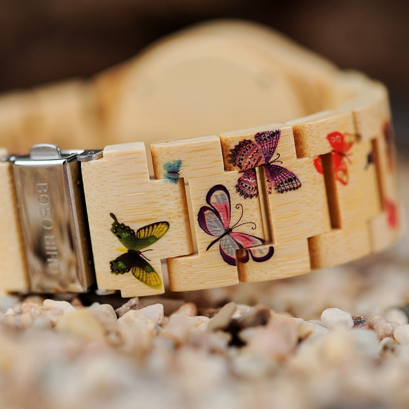 Butterfly Print Women Watches All Bamboo Made Quartz Wristwatch
