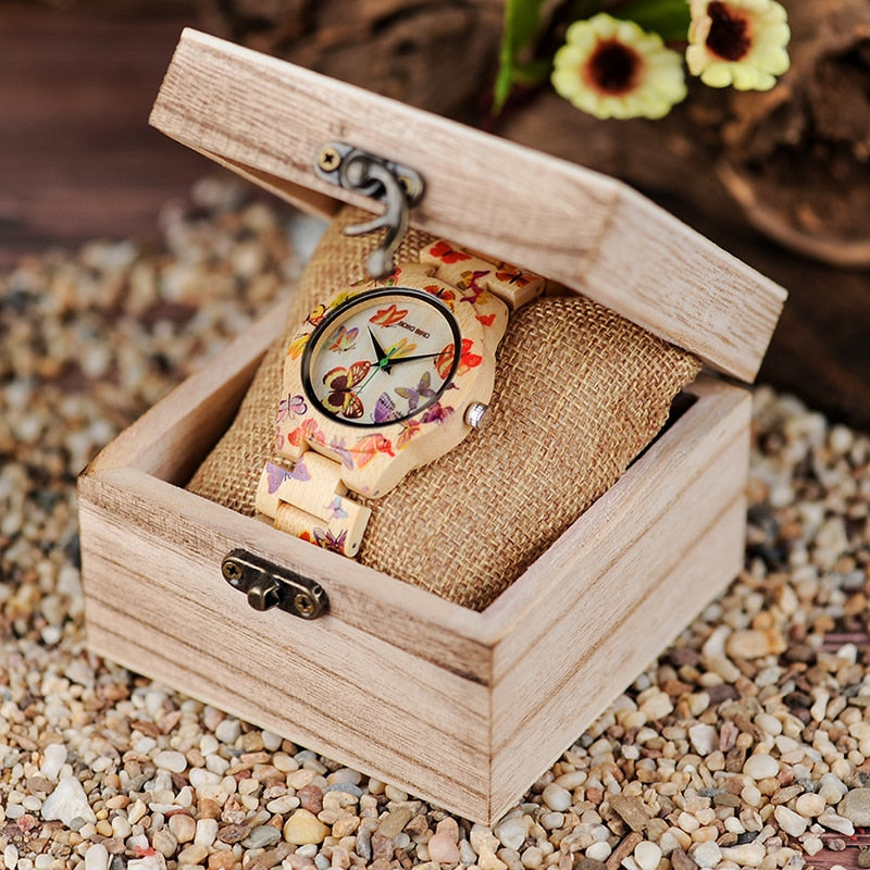 Butterfly Print Women Watches All Bamboo Made Quartz Wristwatch