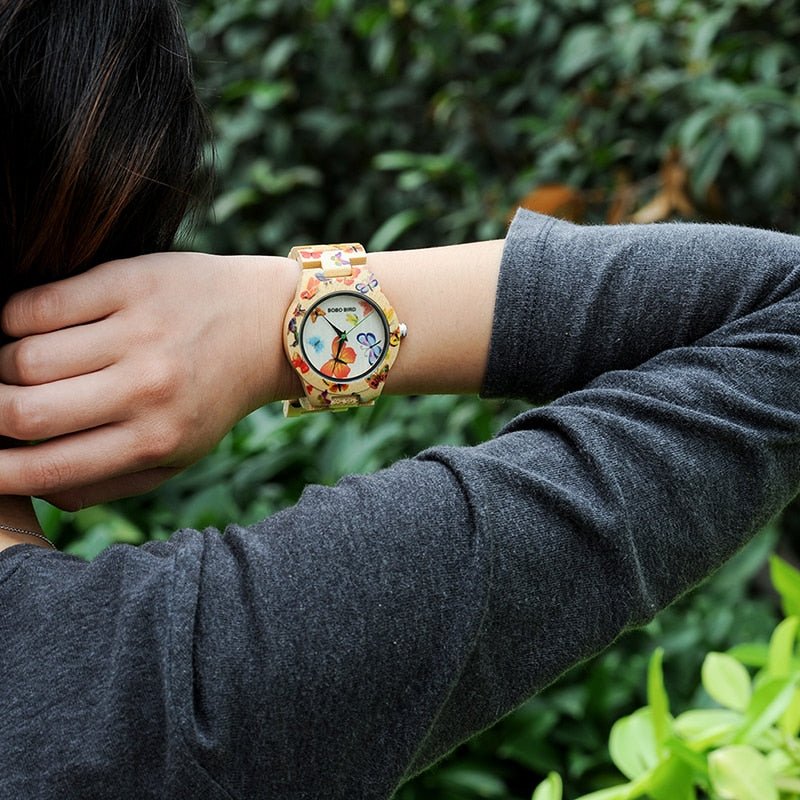 Butterfly Print Women Watches All Bamboo Made Quartz Wristwatch
