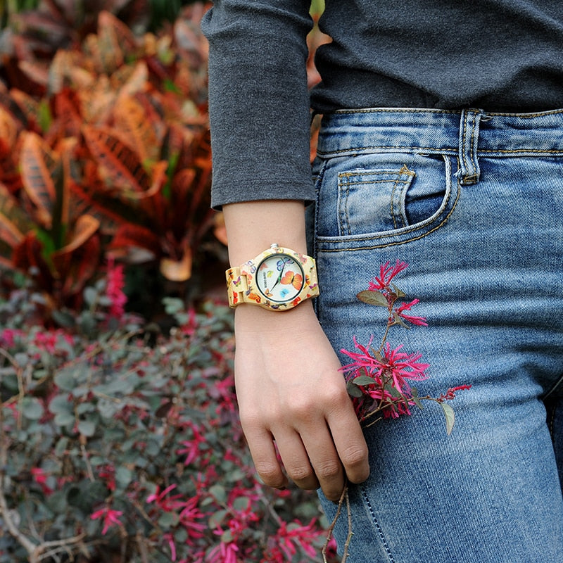 Butterfly Print Women Watches All Bamboo Made Quartz Wristwatch