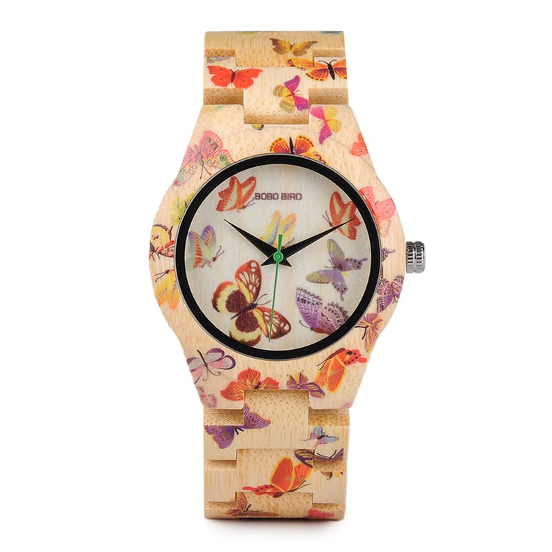 Butterfly Print Women Watches All Bamboo Made Quartz Wristwatch