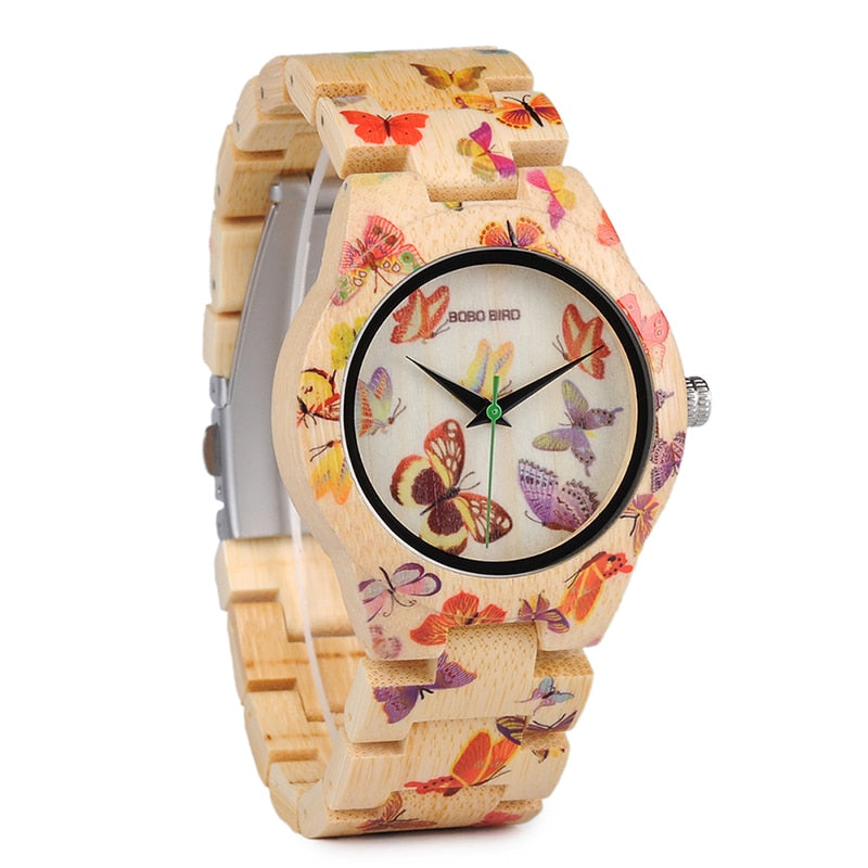 Butterfly Print Women Watches All Bamboo Made Quartz Wristwatch