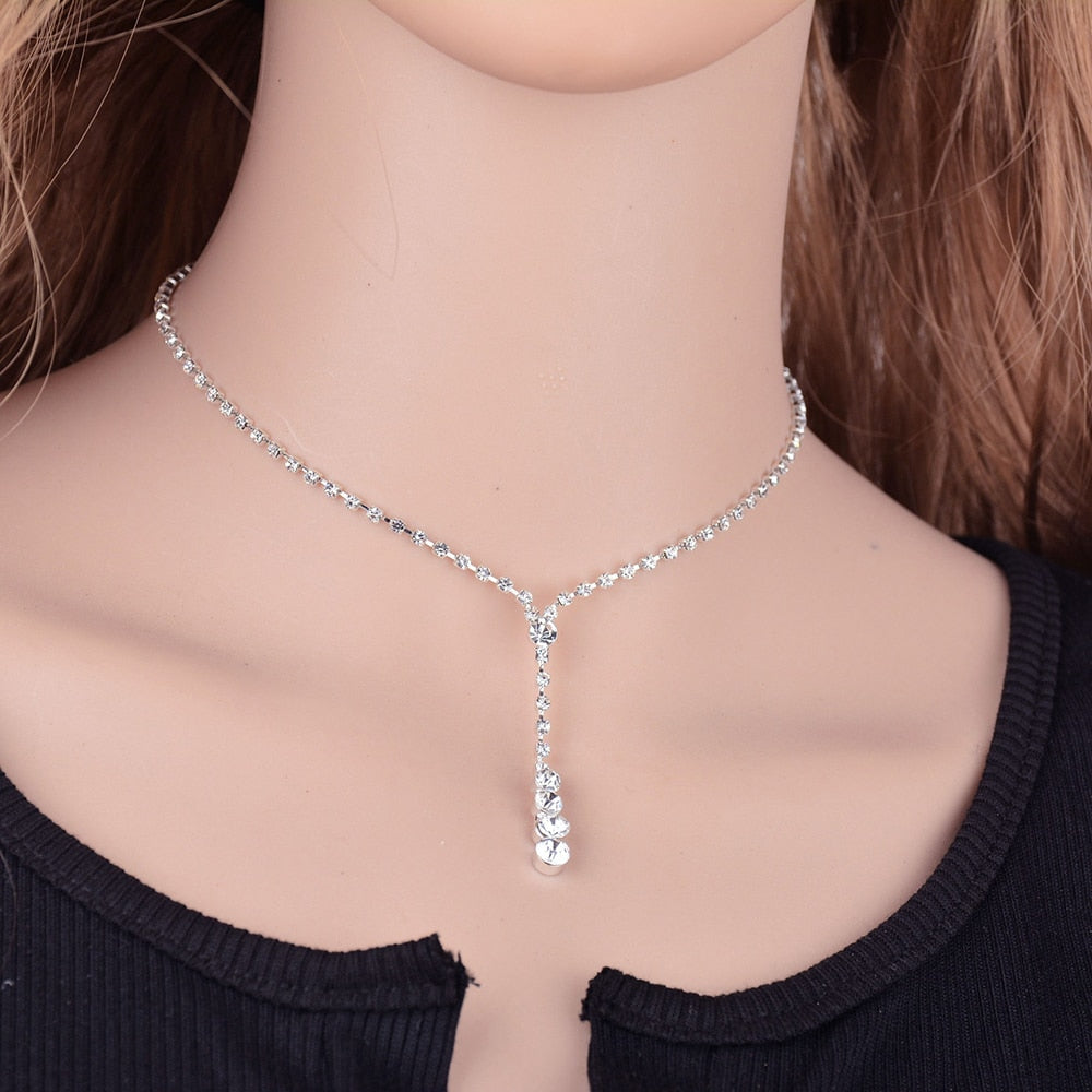 Fashion Women Drop Crystal Choker Necklace Earrings Set