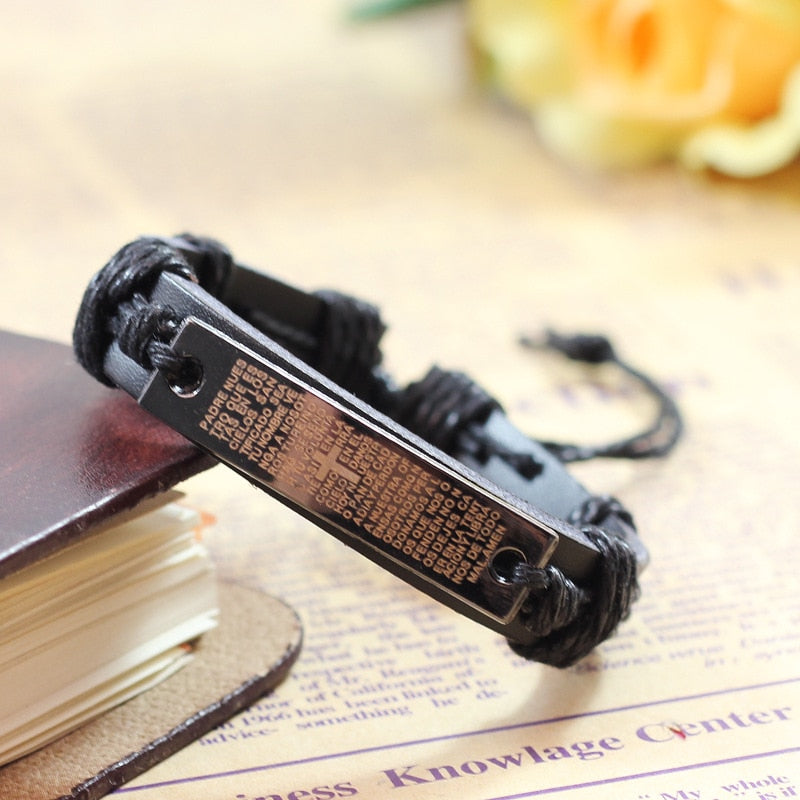 Carving Scripture Cross Leather Bracelet