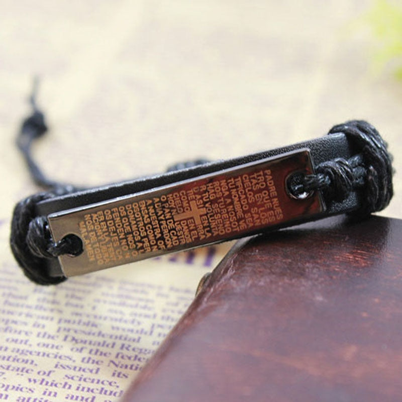 Carving Scripture Cross Leather Bracelet