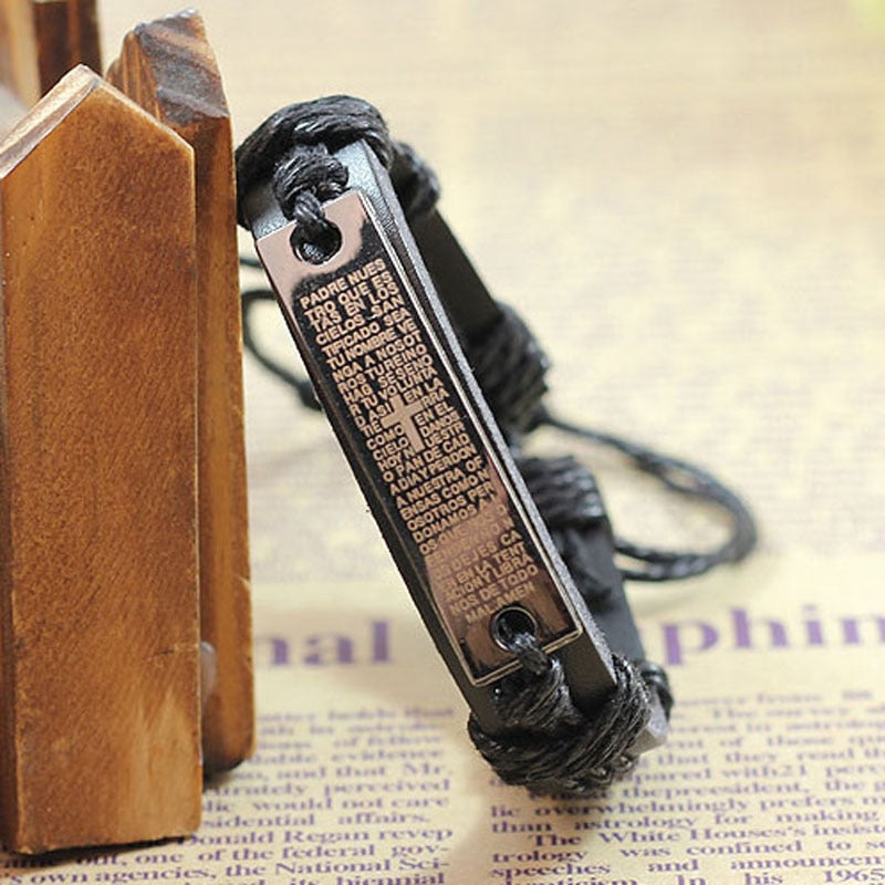 Carving Scripture Cross Leather Bracelet
