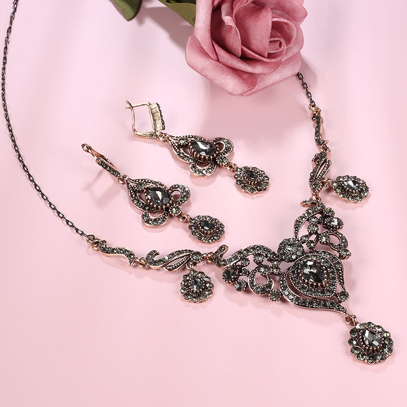 Luxury Gray Crystal Flower Women Earring Necklace  Jewelry Sets