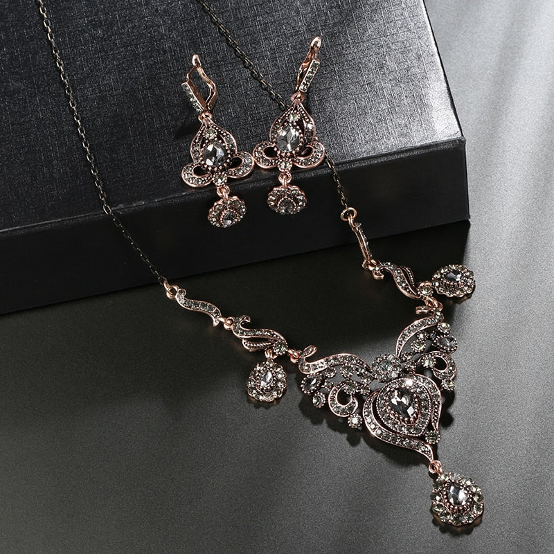 Luxury Gray Crystal Flower Women Earring Necklace  Jewelry Sets