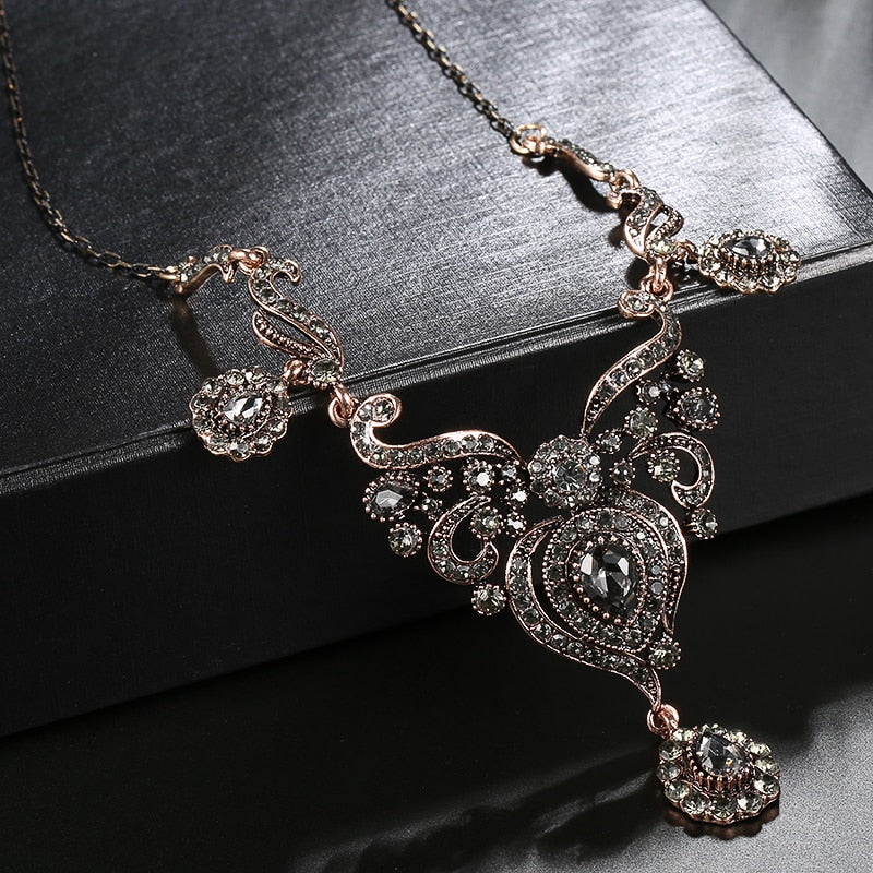 Luxury Gray Crystal Flower Women Earring Necklace  Jewelry Sets